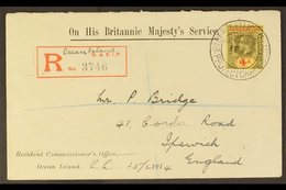 1914 (Feb) Superb OHMS Resident Commissioner's Office, Ocean Island Printed Envelope, Registered To England, Bearing A S - Îles Gilbert Et Ellice (...-1979)