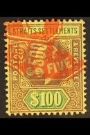 1904 $100 Purple And Green On Yellow, Ed VII, SG 140, Superb Used With Fiscal Cancel. Rare Stamp. For More Images, Pleas - Straits Settlements