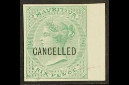 1863 6d Blue-green De La Rue (SG 65) IMPERF PLATE PROOF Overprinted "Cancelled" On White Surfaced Paper With 4 Good Marg - Mauritius (...-1967)