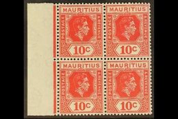 1938-49 10c Deep Reddish Rose, Marginal Block Of 4 Shows SLICED "S" AT TOP, SG 256b + 256ba, Superb Never Hinged Mint (1 - Mauritius (...-1967)