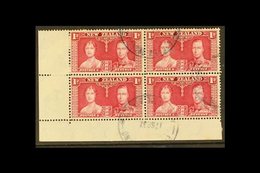USED IN PITCAIRN ISLAND 1937 1d Carmine Coronation (SG 599), Fine Used Lower Left Corner BLOCK Of 4 Cancelled By "PITCAI - Autres & Non Classés