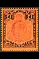 1908-11 £1 Purple And Black On Red, SG 81, Fine Mint. For More Images, Please Visit Http://www.sandafayre.com/itemdetail - Nyasaland (1907-1953)