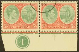 1938-50 5s Bluish Green And Scarlet, Ordinary Paper, Lower Marginal Plate Number Pair, One Showing Break In Oval At Foot - St.Kitts-et-Nevis ( 1983-...)