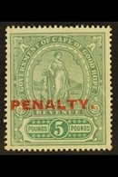 CAPE OF GOOD HOPE REVENUE - 1911 £5 Green & Green, Standing Hope Ovptd "PENALTY" Barefoot 11, Couple Of Vertical Creases - Unclassified