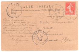 BELMONT Gers Carte Postale 10c Semeuse Yv 138 Ob 16 11 1907 Dest Masseube Griffe Facteur Recette Distribution Lautier B4 - 1877-1920: Semi-moderne Periode