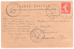 BELMONT Gers Carte Postale 10c Semeuse Yv 138 Ob 16 11 1907 Dest Masseube Griffe Facteur Recette Distribution Lautier B4 - 1877-1920: Période Semi Moderne