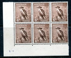 Australia 1948-56 Definitives - No. Wmk. - 6d Kookaburra Block Of 6 MNH (SG 230b) - Nuevos