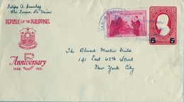 Delcampe - 1951 FILIPINAS / PHILIPPINES , ENTERO POSTAL CIRCULADO , SANTO TOMÁS - LA UNIÓN / NEW YORK . FR. COMPLEMENTARIO - Filippijnen