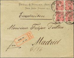 Germany. COVERYv 32(4). 1889. 10 P Pink, Four Stamps. Registered From BERLIN To MADRID. On Reverse Arrival. VERY FINE. ( - Vorphilatelie