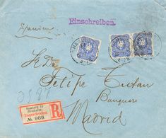 Germany. COVERYv 39(3). 1889. 20 P Blue, Three Stamps (one With Little Origin Defect). Registered From HAMBURGO To MADRI - Prefilatelia