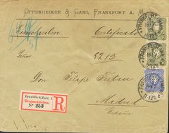 Germany. COVERYv 39, 41(2). 1889. 20 P Blue And 50 P Bronze, Two Stamps. Registered From FRANFURT To MADRID. On Reverse  - Precursores