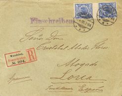 Germany. COVERYv 48(2). 1900. 20 P Ultramarine And Violet, Gutter Pair. Registered From WANSBEK To LORCA (SPAIN). On Rev - Prephilately