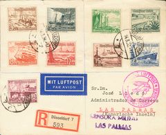 Germany. COVERYv 594/02. 1938. Complete Set. Registered Cover From DUSSELDORF To LAS PALMAS DE GRAN CANARIA. On The Back - Prefilatelia