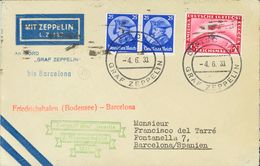 Germany, Airmail. COVERYv . 1933. 1 M Red Lilac And 25 P Ultramarine, Two Stamps. Graf Zeppelin From LORCH To BARCELONA. - Prephilately