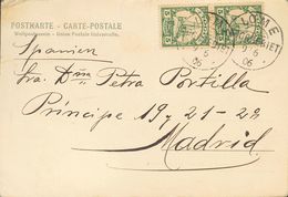 Togo. COVERYv 8(2). 1905. 5 P Green, Pair. Postcard From LOME To MADRID. Postmark LOME / TOGOGEBIET. VERY FINE AND RARE  - Altri & Non Classificati