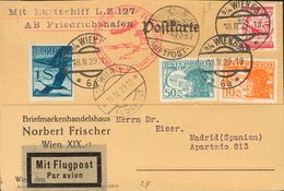 Austria, Airmail. COVER16, 24, 27. 1929. 10 G Orange, 50 G Blue Gray, 1 S Blue And 24 G Carmine. Postcard By Graf Zeppel - Altri & Non Classificati