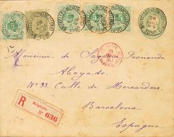 Belgium. COVERYv 45(4), 47. 1890. 10  Cts. Green On Postal Stationery Registered From BRUSSELS To BARCELONA, With Comple - Altri & Non Classificati