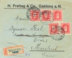 Czechoslovakia. COVERYv 195(5). 1925. 1 K Red, Five Stamps.  Registered From JABLONEC NAD NISOU To MADRID. On Reverse Ar - Autres & Non Classés