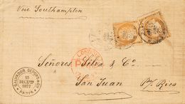 France. COVERYv 38(2). 1877. 40 Cts Orange, Two Stamps. PARIS To SAN JUAN (PUERTO RICO), Addresed Via London And Southam - Autres & Non Classés
