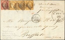 France. COVERYv 1(3), 6. 1852. 10 Cts Bistre Brown, Strip Of Three (short Margin) And 1 Fr Carmine. ANGERS To BUFFALO (U - Autres & Non Classés