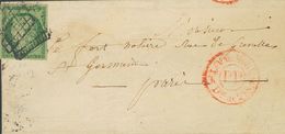 France. COVERYv 2. 1850. 15 Cts Green. PARIS Postal Service. Grill Cancel, On Front Red Circular Mark LEV DE... / PP / K - Autres & Non Classés