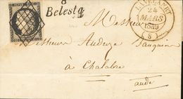 France. COVER3. 1849. 20 Cts Black (narrow Left Margin). BELESTA To CHALABRE. Postmark GRILLE And On The Front Cursive M - Altri & Non Classificati