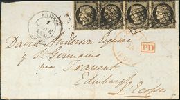 France. COVERYv 3(4). 1850. 20 Cts Black, Strip Of Three And Single Stamp. Front Cover From ANTIBES To EDINBURGH (GREAT  - Altri & Non Classificati