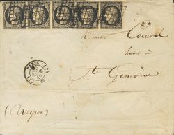 France. COVERYv 3(5). 1849. 20 Cts Black, Strip Of Five (one With Short Margin). PARIS To SAINTE GENEVIEVE. GRILL Cancel - Sonstige & Ohne Zuordnung