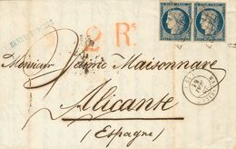 France. COVERYv 4(2). 1851. 25 Cts Blue, Pair (a Stamp With File Fold). MARSEILLE To ALICANTE. GRILL Cancel And On The F - Other & Unclassified