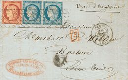 France. COVERYv 4(2), 6. 1852. 25 Cts Blue, Pair And 1 Fr Carmine (short Margin). PARIS To BOSTON (USA). On Front Manusc - Other & Unclassified