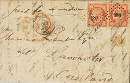 France. COVERYv 5(2). 1853. 40 Cts Orange, Pair (one Stamp With Short Margin). CALAIS To LANCASTER (ENGLAND). Lozenge Do - Sonstige & Ohne Zuordnung