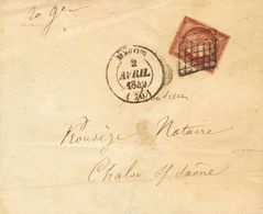 France. COVERYv 6. 1849. 1 Fr Carmine (short Margins). MACON To CHALONS SUR SAONE. GRILL Cancel, On Front Manuscript "20 - Autres & Non Classés