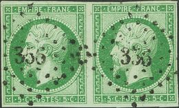 France. ºYv 12(2). 1854. 5 Green Cts, Pair. Cancel Lozenge Small Numbers "356", Of Belleville. VERY FINE.   Yvert 2014:  - Andere & Zonder Classificatie