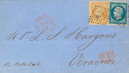 France. COVERYv 13B, 14A. 1856. 10 Cts Bistre And 20 Cts Blue (short Margin). PARIS To VERACRUZ (MEXICO). Tied With Loze - Autres & Non Classés