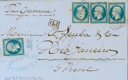 France. COVERYv 14A. 1860. 20 Cts Blue, Four Stamps, One PERFORATION OF BORDEAUX. BORDEAUX To RIO DE JANEIRO (BRAZIL). V - Other & Unclassified