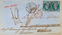 France. COVERYv 14A(2). 1864. 20 Cts Blue, Two Stamps Cut In Lines. NEW YORK To PARIS,  Readdressed To LONDON (stamps Ap - Other & Unclassified