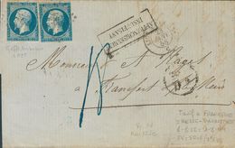 France. COVERYv 14A(2). 1858. 20 Cts Blue, Two Stamps. LYON To FRANKFURT (GERMANY). Lozenge Of Dots LP2º Cancel, On Fron - Other & Unclassified