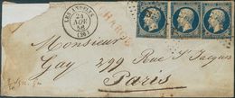 France. COVERYv 14A(3). 1856. 20 Cts Blue, Strip Of Three Stamps (one With Short Margin). Registered Cover From LES ANDE - Autres & Non Classés