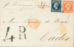 France. COVERYv 14A, 16. 1857. 20 Cts Dark Blue And 40 Cts Orange. LE HAVRE A CADIZ. Cancelled With Lozenge Small Number - Sonstige & Ohne Zuordnung