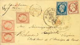 France. COVERYv 14A, 16(4). 1855. 20 Cts Blue And 40 Cts Orange, Four Stamps. PARIS To NORFOLK (USA) Readdressed To RICH - Other & Unclassified
