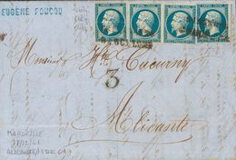 France. COVERYv 14B(4). 1861. 20 Cts Blue, Four Stamps (one With Original Crease). MARSEILLE To ALICANTE. Postmark ESTRA - Autres & Non Classés