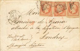 France. COVERYv 16(3). 1857. 40 Cts Orange, Strip Of Three Stamps (one With Short Margin). PARIS To LONDON. Addressed To - Other & Unclassified