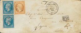 France. COVERYv 21, 22(2). 1864. 10 Cts Yellow Chestnut And 20 Blue Cts, Two Stamps. Addresed To LYON. Postmark LOZENGE  - Otros & Sin Clasificación