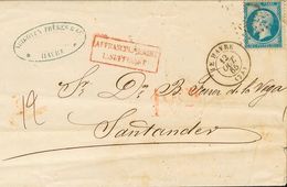 France. COVERYv 22. 1865. 20 Cts Blue. LE HAVRE To SANTANDER. On Front Red Postmark AFFRANCHISSEMENT INSUFFISANT And Dou - Otros & Sin Clasificación