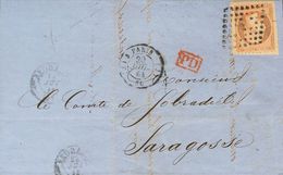 France. COVERYv 23. 1861. 40 Cts Orange Perforation "Perce" (in Lines). PARIS To ZARAGOZA. Cancelled With LOZENGE OF DOT - Altri & Non Classificati