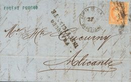 France. COVERYv 23. 1865. 40 Cts Orange. MARSEILLE To ALICANTE. On Front Postmarks ADMON. DE CAMBIOS / 27 CTOS. / BARCEL - Altri & Non Classificati