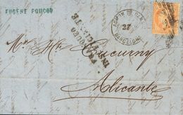 France. COVERYv 23. 1865. 40 Cts Orange. MARSEILLE To ALICANTE. On Front Postmarks ADMON. DE CAMBIOS / 27 CTOS. / BARCEL - Otros & Sin Clasificación