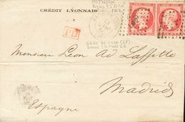 France. COVERYv 24(2). 1866. 80 Cts Pink, Two Stamps. LYON To MADRID. Lozenge Of Dots LM2 Cancel, On Front GARE DE LYON  - Altri & Non Classificati