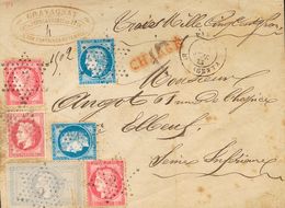 France. COVERYv 33, 57(2), 60A(2). 1873. 5 Fr Grey Violet (defect), 80 Cts Pink, Two Stamps And 25 Cts Blue (one Stamp M - Sonstige & Ohne Zuordnung