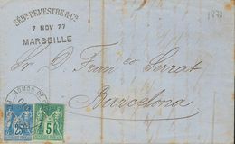 France. COVERYv 75, 79. 1877. 5 Cts Green And 25 Cts Blue. MARSEILLE To BARCELONA. Postmark ADMON DE CAMBIO / 010 CTS /  - Autres & Non Classés